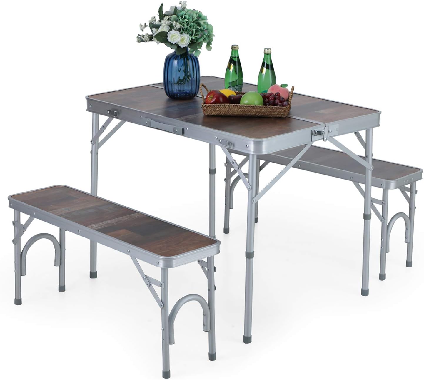 3PCS Folding Camping Table and Benches Set 4FT Aluminum Camping Table Portable Picnic Dining Table Lightweight Folding Card Table W/Handle for Indoor Outdoor Patio Backyard Party