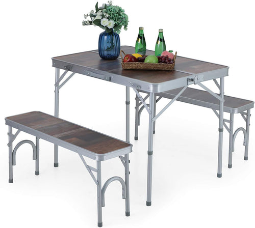 3PCS Folding Camping Table and Benches Set 4FT Aluminum Camping Table Portable Picnic Dining Table Lightweight Folding Card Table W/Handle for Indoor Outdoor Patio Backyard Party