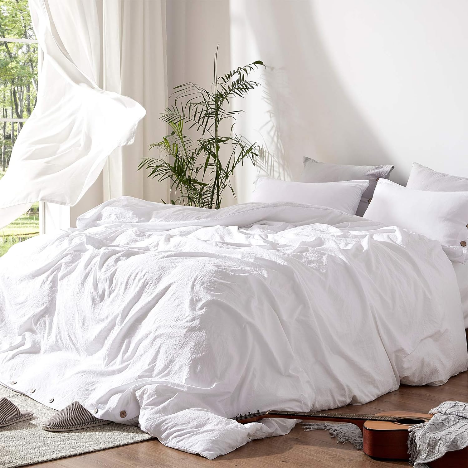White Duvet Cover Sets Twin Size 2 Piece Double Brushed Microfiber Twin Duvet Cover with Button Closure & Corner Tie 1 Breathable and Soft Duvet Cover 68X90 Inches + 1 Pillow Sham